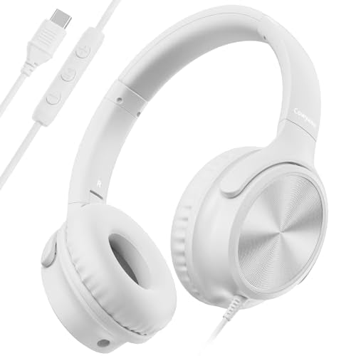 Cowyawn USB C Headphones Wired, Over Ear USB C Wired Headphones with Microphone, Volume Control, HD Stereo Sound, Foldable USB Type C Headphone for Adult/Teens/Laptop/Computer/iPhone 15/16/17, White - color: White