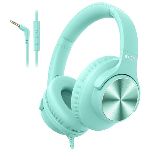 KVIDIO Wired Headphones with Mic, Volume & Playback Control, Over-Ear Foldable Headphones, 3.5mm Plug, 90° Swivel Ear Cups, 4.9ft Tangle-Free Cord for Tablet, Laptop, PC, School, Travel (Mint Green) - color: Mint Green