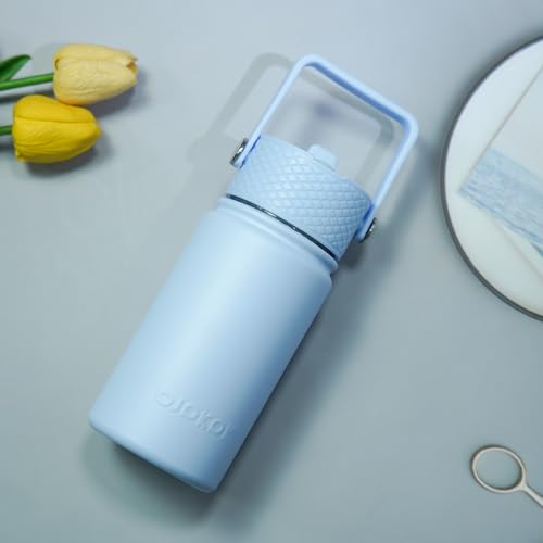 BJPKPK Insulated Water Bottle, 15oz Stainless Steel with Straw Lid | Leak Proof, BPA-Free, Vacuum Insulated, Keep Drink Cold & Hot, Metal Water Bottle for Travel, Gym, Office, Cupholder Friendly - color: Light Blue, style: N-15oz-Color Lid
