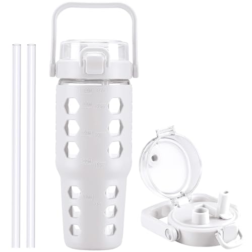 MUKOKO 32 oz Glass Tumbler with Straw,Glass Water Bottles with Time Marker,Iced Coffee Cup with Silicone Sleeve,Motivational Drinking Bottles,Leakproof-White - color: White, size: 32 Ounces