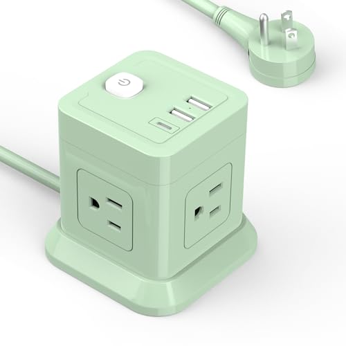 Cube Power Strip, FDTEK 4 Widely Spaced Outlet with 3 USB (1 USB C) Flat Plug Power Strips with Long Extension Cords Space Save Compact Portable for Travel Home Office Cruise ETL Listed- 10FT Green - color: Green, size: 10FT