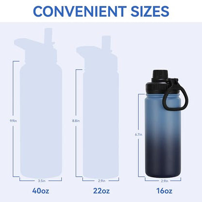 DOMICARE 16 oz Water Bottle Stainless Steel Double Wall Vacuum Insulated Water Bottle with Straw lids & Spout Lid, Leakproof - color: Blue/Navy, size: 16oz/4 Pack