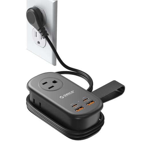 ORICO 65W GaN Travel Power Strip with 7-in-1 Charging Ports (3 AC Outlets/2 USB-A/2 USB-C), Flat Plug and 4FT Extension Cord, Fast Charger for MacBook Pro/Air, iPad Pro, iPhone 17/16/15 -AP3 - color: Black