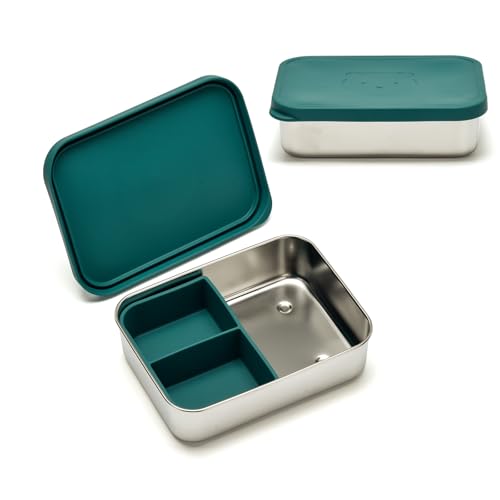 Stainless Steel Bento Box for Kids Adults, Toddler Lunch Box Containers with Silicone Lid,Removable 3 Compartment Design,Leakproof Snack Container, BPA Free, Dishwasher Safe-(1200ml,Dark Green) - color: Dark Green