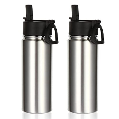 Volhoply 18oz Insulated Water Bottle Bulk 2 Pack,Kids Stainless Steel Water Bottles with Straw,Double Wall Vacuum Metal Water Bottle,Reusable Sports Water Flask For Cold Drink(Silver,2 Set) - color: Silver