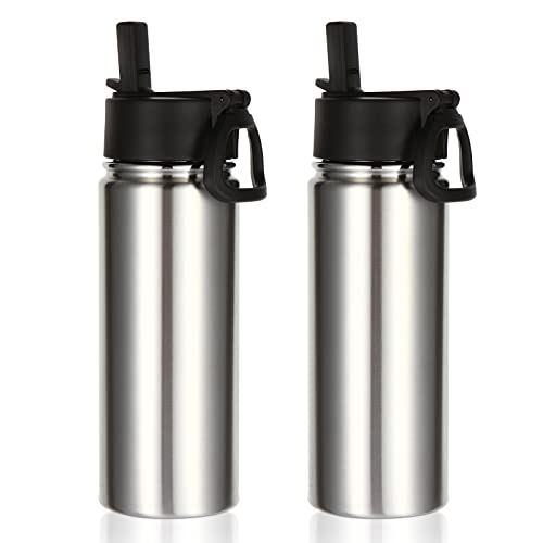 Volhoply 18oz Insulated Water Bottle Bulk 2 Pack,Kids Stainless Steel Water Bottles with Straw,Double Wall Vacuum Metal Water Bottle,Reusable Sports Water Flask For Cold Drink(Silver,2 Set) - color: Silver