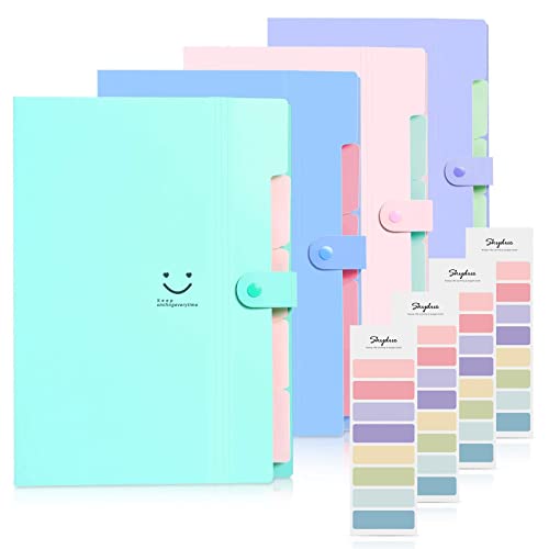 SKYDUE Expanding File Folders with 5 Pockets, Accordion File Organizer with 32 Labels, Portable Document Paper Organizer, Filing Folders, Letter / A4 Size, Pack of 4 - color: Green
