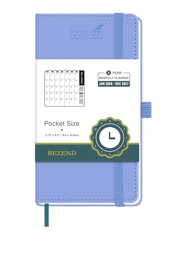 BEZEND Pocket Monthly Planner 2026-2027 (3.5" x 6.5") 2 Year Calendar Book for Purse with Note Pages, 100 GSM Paper, Inner Pocket, Pen Holder, Vegan Leather Hardcover in Cornflower - color: Cornflower, size: Pocket 3.5" x 6.5"
