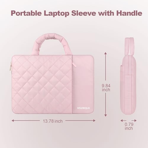 Puffy Laptop Sleeve 13.3 inch,13-14 inch Laptop Handbags for Women | Compatible with MacBook Air 13 13.6/Pro/Neo 13/Pro 14,HP Dell ASUS Lenovo,Square Quilted Bag with 2 Pockets&Handle&Belt, Pink