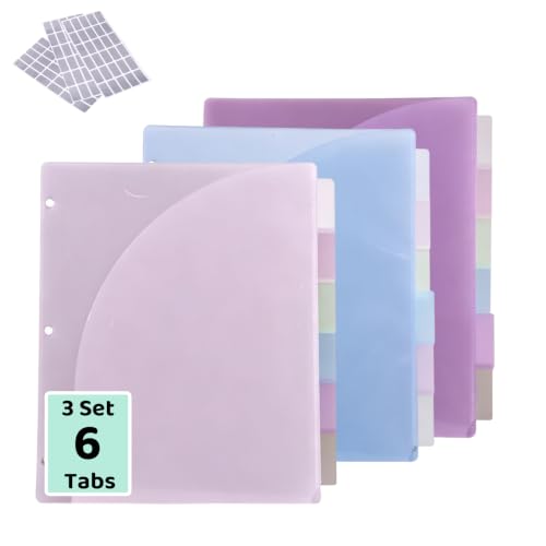 Binder Dividers with Tabs and Pockets, 18PCS/3 Sets in 6-Tab | Colorful 3 Hole Plastic Binder Dividers with Index Tags for Student, Teacher, Office, Home, Letter Size - color: 3 Sets in 6-tab 2 Pockets