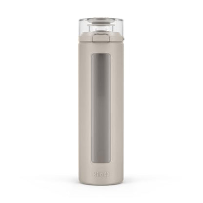 Ello Syndicate 20oz Reusable Glass Water Bottle with One-Touch Leak Proof Flip Lid, Protective Non-Slip Silicone Sleeve, Carry Loop for Coffee, Tea and Water, BPA-free, Dishwasher Safe, Sand - color: Sand