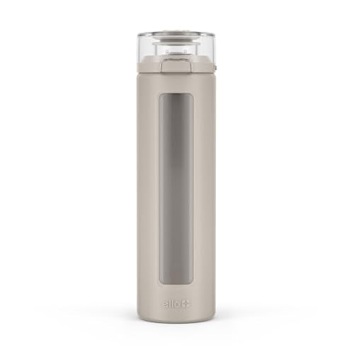 Ello Syndicate 20oz Reusable Glass Water Bottle with One-Touch Leak Proof Flip Lid, Protective Non-Slip Silicone Sleeve, Carry Loop for Coffee, Tea and Water, BPA-free, Dishwasher Safe, Sand - color: Sand