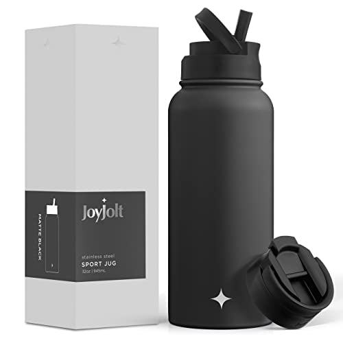JoyJolt Triple Insulated Water Bottle with Straw Lid AND Flip Lid! 32oz Large Water Bottle, 12 Hour Hot/Cold Vacuum Insulated Stainless Steel Bottle. BPA-Free Leakproof Water Bottles - Thermos Bottle - color: Matte Black, size: 32 Ounces