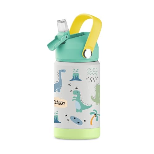 Hippypotamus Kids Water Bottle - Stainless Steel Vacuum Insulated -12 oz - Leak Proof Straw Lid & Soft Spout For Toddlers & Kids (Green Dinosaur) - color: Green Dinosaur