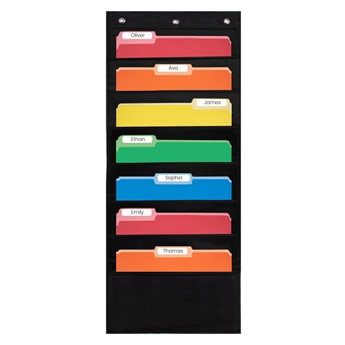 Essex Wares - 7 Pocket File Pocket Chart, Black, Tall - Versatile Wall Hanging File Folder Organizer for Classroom, Office, Home, and More - Wall Folder Organizer - 7 Pockets - size: 7 Pocket