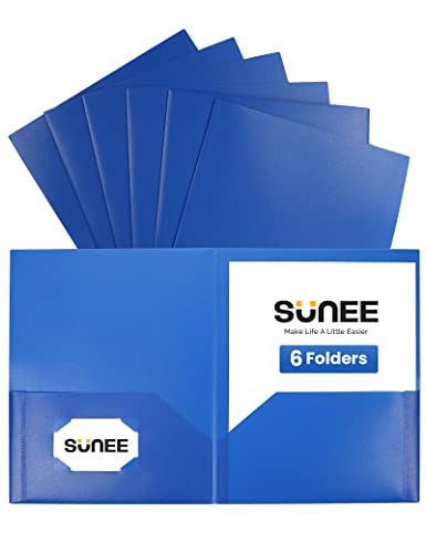 SUNEE 2 Pocket Folders (6 Pack, Blue) Heavy-Duty Plastic Folders with Pockets, Fit 8.5x11 Letter Size Paper, 2-Pocket File Folders for Kids, Home, School, Office - color: Blue, style: 6-Pack