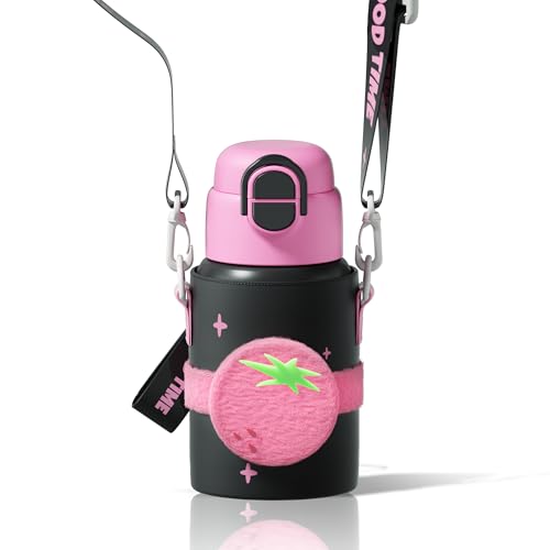 SDGA+ Kids Insulated Water Bottle with Shoulder Strap - 22 oz Kawaii Stainless Steel Tumbler with 3D Fuzzy Charm, Leak-Proof Flip Top & Vacuum Flask for School, Travel, BPA Free, Pink - color: Pink