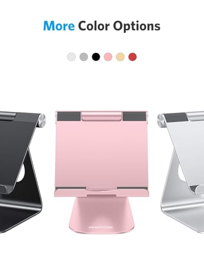 OMOTON T1 Adjustable Tablet Stand for Desk, Aluminum Holder Rose Gold | Solid Metal Build | Charging Cutout | Anti-Slip Silicone Pads | Multi-Angle Adjustable | Fits 3.5-12.9" | Holds Thick Cases - color: Rose Gold