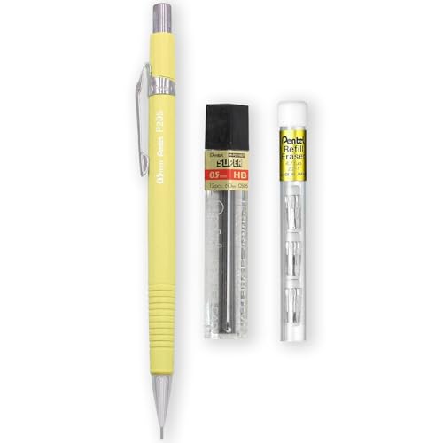 Pentel P205-97C Mechanical Automatic Pencil - Pastel Floral Range - Single + 12 Hi-Polymer HB 0.5mm Refill Leads + Z2-1N Eraser Refills Tube of 4 (Pastel Yellow) - color: Pastel Yellow