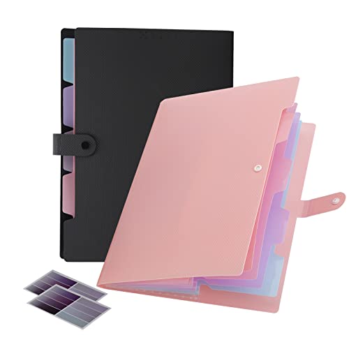 NAFY Colorful Expanding File Folder, 5 Pockets Folder with Colored Labels Portable Weave Pattern Accordion File Folder A4 Letter Size Project Organizer Document Folder for Office School (Black+Pink) - color: Black+pink