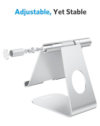 OMOTON T1 Adjustable Tablet Stand for Desk, Aluminum Holder for iPad Silver | Solid Metal Build | Charging Cutout | Anti-Slip Silicone Pads | Multi-Angle Adjustable | Fits 3.5-12.9" | Holds Thick Cases - color: Silver