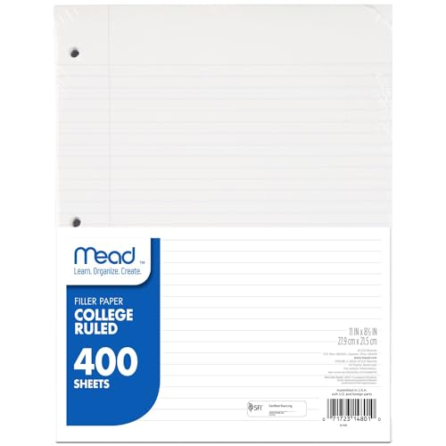 Mead Loose Leaf Paper, College Ruled Filler Notebook Paper, 8-1/2" x 11", 400 Sheets, Fits 3-Ring Binder (170046-ECM) - size: Pack of 1, style: 400 Sheets