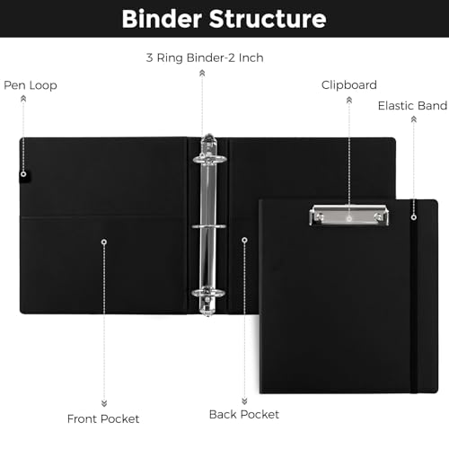 SKYDUE 3 Ring Binder with Clipboard, 2 Inch PU Heavy Duty Binder with Notepad & 5 Dividers with 5 Pockets, Labels, Clipboard Folder Great for School Office(Fit Letter Sized Paper) - color: Black, size: Letter Size - 2 Inch