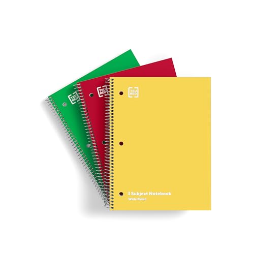 TRU RED 3‑Subject Notebook, 8” x 10.5”, Wide Ruled, 120 Sheets, Assorted Colors, 3‑Pack
