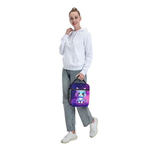 Galaxy Cute Cat Printed Insulated Lunch Box Portable Purple Lunch Bag with Detachable Handle,Reusable Lunchbox for Girls Boys Adults - color: Galaxy Cat