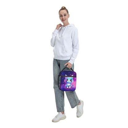 Galaxy Cute Cat Printed Insulated Lunch Box Portable Purple Lunch Bag with Detachable Handle,Reusable Lunchbox for Girls Boys Adults - color: Galaxy Cat