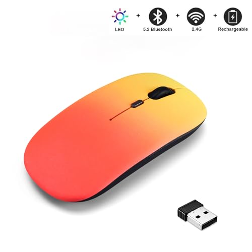 LED Wireless Mouse, Slim Silent Dual-Mode 2.4G+BT Rechargable 7-Color Portable Mobile Optical Office Mouse with USB Receiver, 3 Adjustable Levels for Notebook, PC, Computer, MacBook (Sunset red) - color: Sunset red