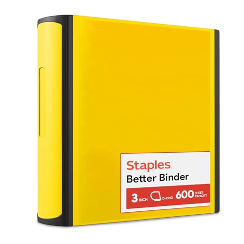 Staples Heavy-Duty 3-Inch D-Ring Binder, Yellow – Large Capacity 3-Ring Binder, Holds Up to 600 Sheets for School & Office - color: Yellow, size: 3-Inch, style: 1 Pack