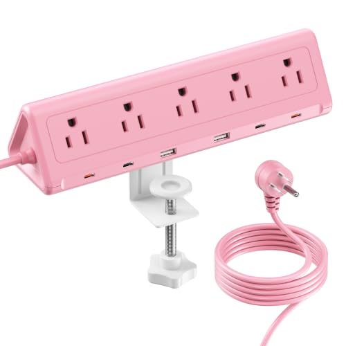 SMALLRT Pink Desk Clamp Power Strip with 6.5 FT Extension Cord, PD 40W USB-C Fast Charging Ports, 5 AC Outlets 4 USB-C 2 USB-A, Fits 2.1 inch Table Edges - color: Pink