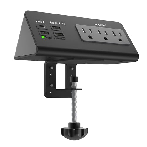 Power Charge Station Edge clamp Mount with USB-C Ports，Tabletop Surge Protector, Desk Clamp Power Sockets with 3 AC Outlets and 4 Fast Charging USB Ports for Home Office Hotel and Dormitory (Black) - color: Black