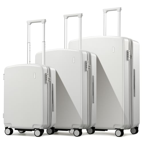 Hanke Expandable Hard Shell Luggage Sets 3 Pieces, 20/24 / 28 Inch Luggage Sets with Spinner Wheels, Durable PC Hardside Rolling Suitcase with TSA Lock for Travel (20/24/28 Inch, Smoke White) - color: Smoke White, size: 20+24+28 Inch EXT