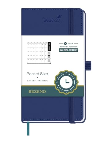 BEZEND Pocket Monthly Planner 2026-2027 (3.5" x 6.5") 2 Year Calendar Book for Purse with Note Pages, 100 GSM Paper, Inner Pocket, Pen Holder, Vegan Leather Hardcover in Blueberry - color: Blueberry, size: Pocket 3.5" x 6.5"
