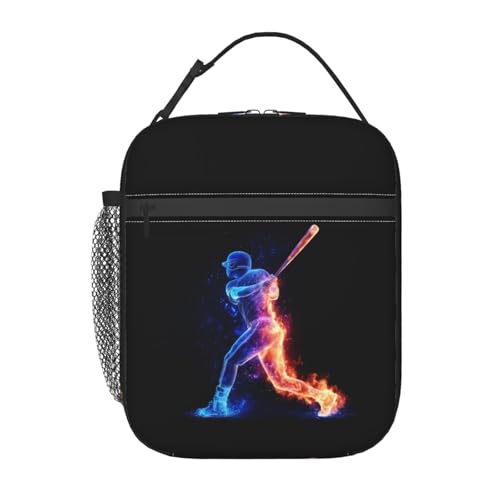 Insulated Lunch Bag for Kids Boys Girls Blue Baseball Player Lunch Box for Men Fire Baseball Man Reusable Lunch Bag with Water Bottle Holder Cooler Lunch Tote Bags for School Office Picnic - color: Baseball Player, size: 10x4x8 Inch