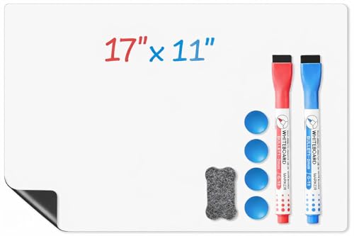 Magnetic Whiteboard for Fridge, 17" x 11" Dry Erase Board Set with Markers & Eraser, Strong Magnet & Stain-Resistant Surface, Fridge Calendar for Notes, Grocery List, Meal Planning & Family Schedule - size: 17"W x 17"H, style: 1 Pack