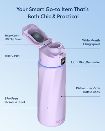 WaterH BOOST Smart Water Bottle Tracker with Reminder to Drink Water, 24oz | BPA-Free Double Wall Vacuum Insulated Stainless Steel, Leakproof, Smart App Tracking, Fits Cup Holders, Wide Mouth for School - color: Purple, size: 24 Ounces
