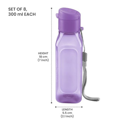 Bulk Set of 8 - 10oz Multicolor Water Bottles for Kids and Adults - Leak Proof With Carry Strap - Square Reusable for Juice, Drinks - BPA-Free Dishwasher-Safe - color: 8 pack combo