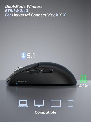 RAPIQUE Wireless Mouse, 53g Ultra-Light, Bluetooth 5.1 & 2.4GHz Dual Mode, USB-C Rechargeable, Silent Click, 3 DPI Levels, Side Buttons, for Laptop, PC, MacBook - color: Black