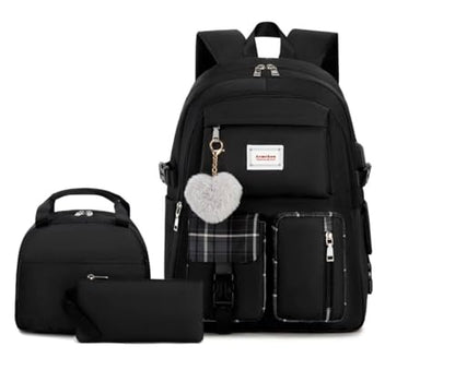 Acmebon Girl Roomy Fashion Laptop Backpack Set Casual Daypack Set for Women Black - color: Black