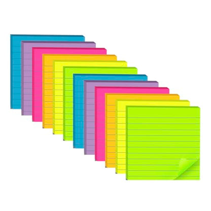 (12 Pads) Lined Sticky Notes 4x4 in, 6 Bright Colors Self-Stick Note Pads, Strong Adhesive, 47 Sheets/Pad