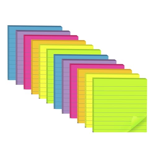 (12 Pads) Lined Sticky Notes 4x4 in, 6 Bright Colors Self-Stick Note Pads, Strong Adhesive, 47 Sheets/Pad