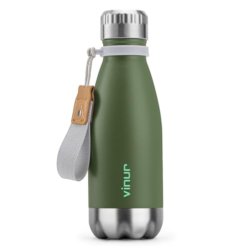 Small Water Bottle-9 oz Leak Proof Insulated Water Bottle for Handbag | Double Wall Vacuum Stainless Steel Water Bottle for Travel, School, Cola Shape Flask with Carry Rope (Grass Green) - color: Grass Green, size: 9 Ounces