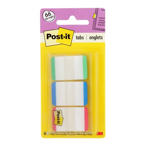 Post-it Sticky Tabs, 1 in. x 1.5 in., 3 Pads of Book Tabs in Assorted Primary Colors for Bookmarking, Annotating, Reading, and Reminders, Green, Blue, and Red (66 Total Count) - size: 0.4" x 2.8"
