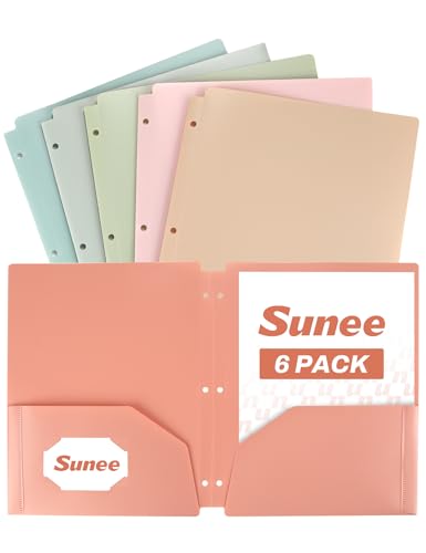 SUNEE 3 Hole Folders with Pockets (6 Pack, Vintage Colors) Plastic Folders for 3 Ring Binder, Heavy Duty Binder Folder for Document for School, Students, Teachers, Office Staf - color: Multicolored 3, style: 6-Pack