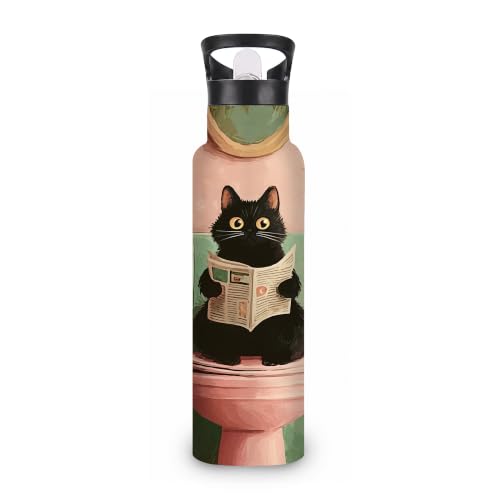 Insulated Water Bottle,Black Cat 20 oz Stainless Steel Water Bottles with Straw Lid,Bathroom Reading Leak Resistant Double Insulated Flask with Handle,Fits Cup Holder,Keeps Drinks Cold - color: Black Cat,Bathroom Reading