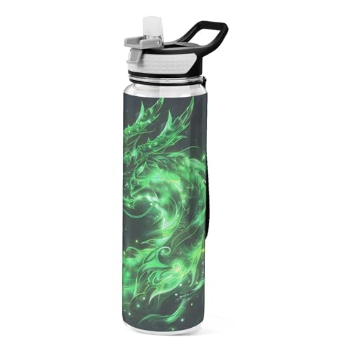 ALAZA Green Glowing Dragon Water Bottle with Straw,Leakproof Tritan Clear Sports Water Bottle Kids Water Bottle for School Outdoor Sports Drinking,32 oz - color: Green Glowing Dragon, size: Large