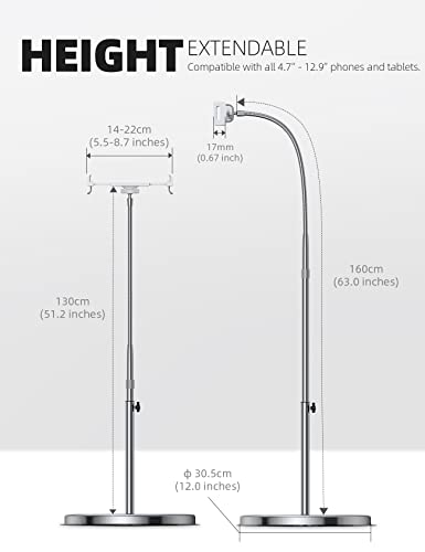 Lamicall Tablet Floor Stand Gooseneck - Swivel Tablet Holder Mount with Adjustable Height & 10.6lb Stable Base, for 4.7-13" iPad mini Air Pro 12.9/9.7, Tab, Kindle, iPhone Air 17 Pro Max, Phones | 63" Adjustable Height, 10.6lb Ultra Stable Base,Flexible A